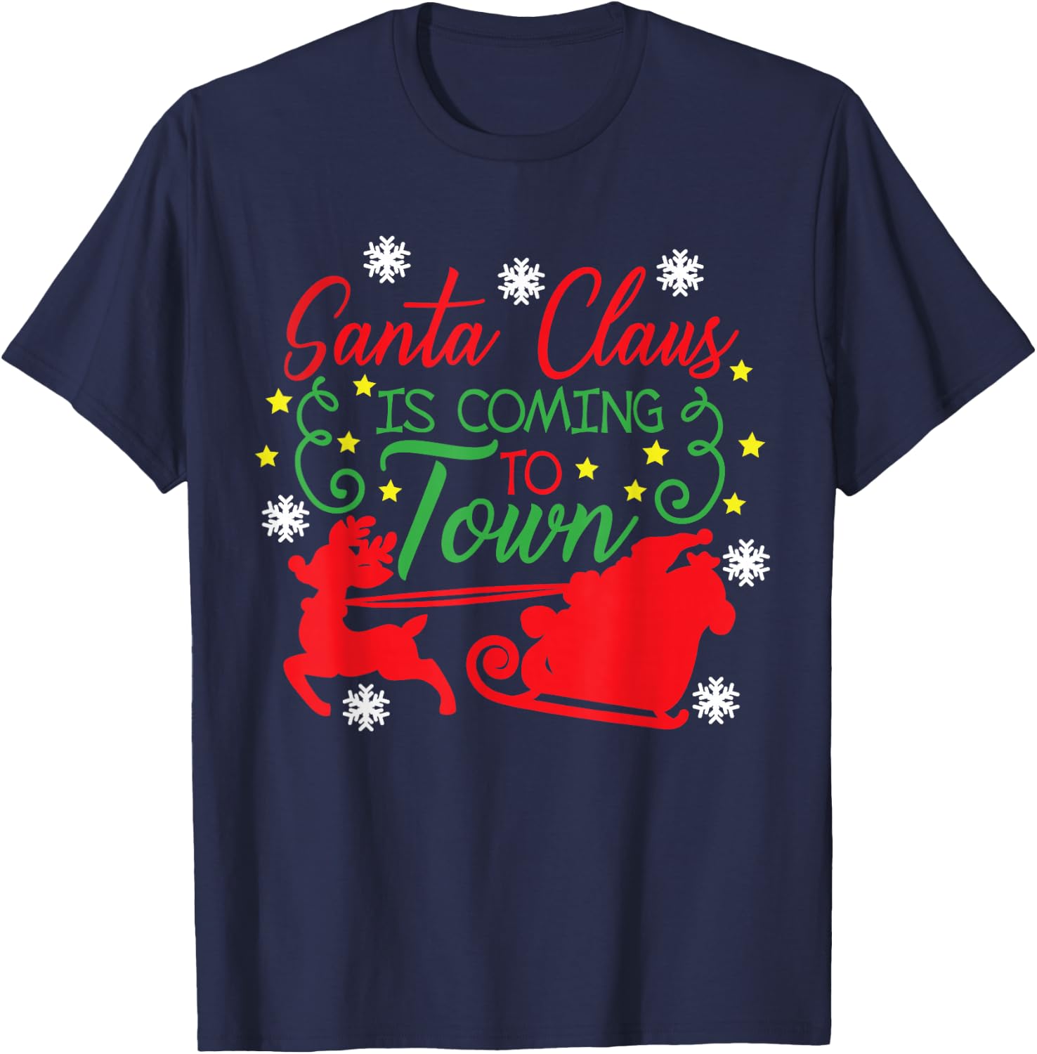 Santa Claus Is Coming To Town Flying Reindeer Snowflakes T-Shirt - T-Shirt | Navy