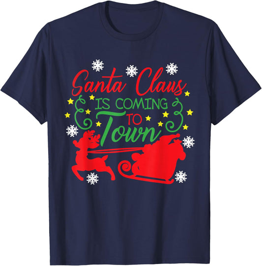 Santa Claus Is Coming To Town Flying Reindeer Snowflakes T-Shirt - T-Shirt | Navy
