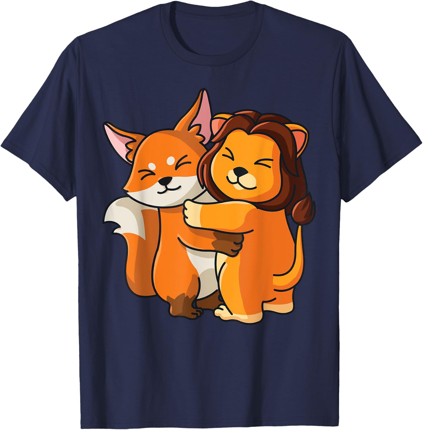 Fox and Lion cute Hug Cuddle Animals Lions plus Foxes T-Shirt - T-Shirt | Navy