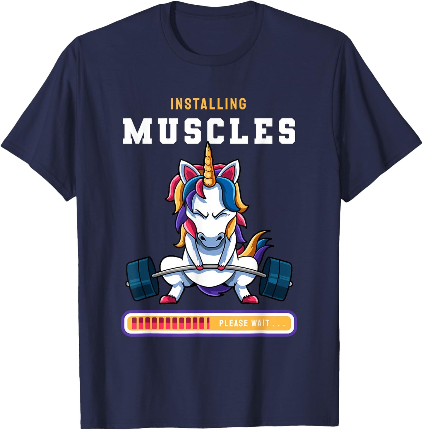 Funny Magical Unicorn Lifting Installing Muscles Loading App T-Shirt - T-Shirt | Navy