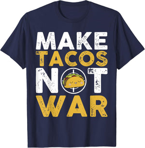 Make Tacos Not War Cute Cartoon Yellow White Text T-Shirt - T-Shirt | Navy
