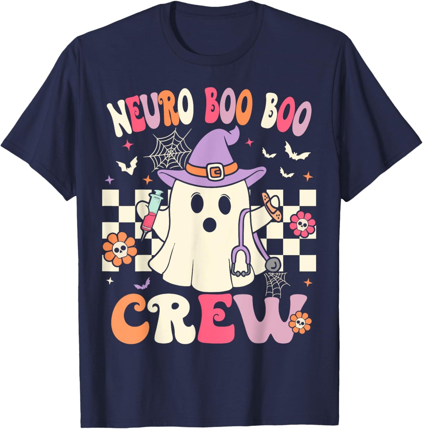 Groovy Neuro Nurse Halloween Ghost Neurology Nurse T-Shirt - T-Shirt | Navy