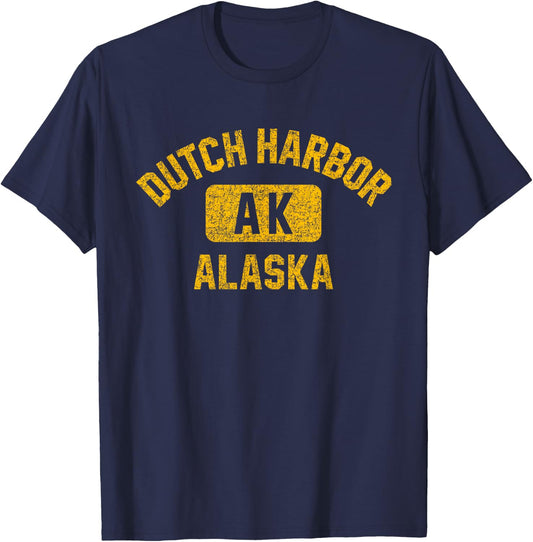 Dutch Harbor Alaska Gym Style Distressed Amber Print T-Shirt - T-Shirt | Navy