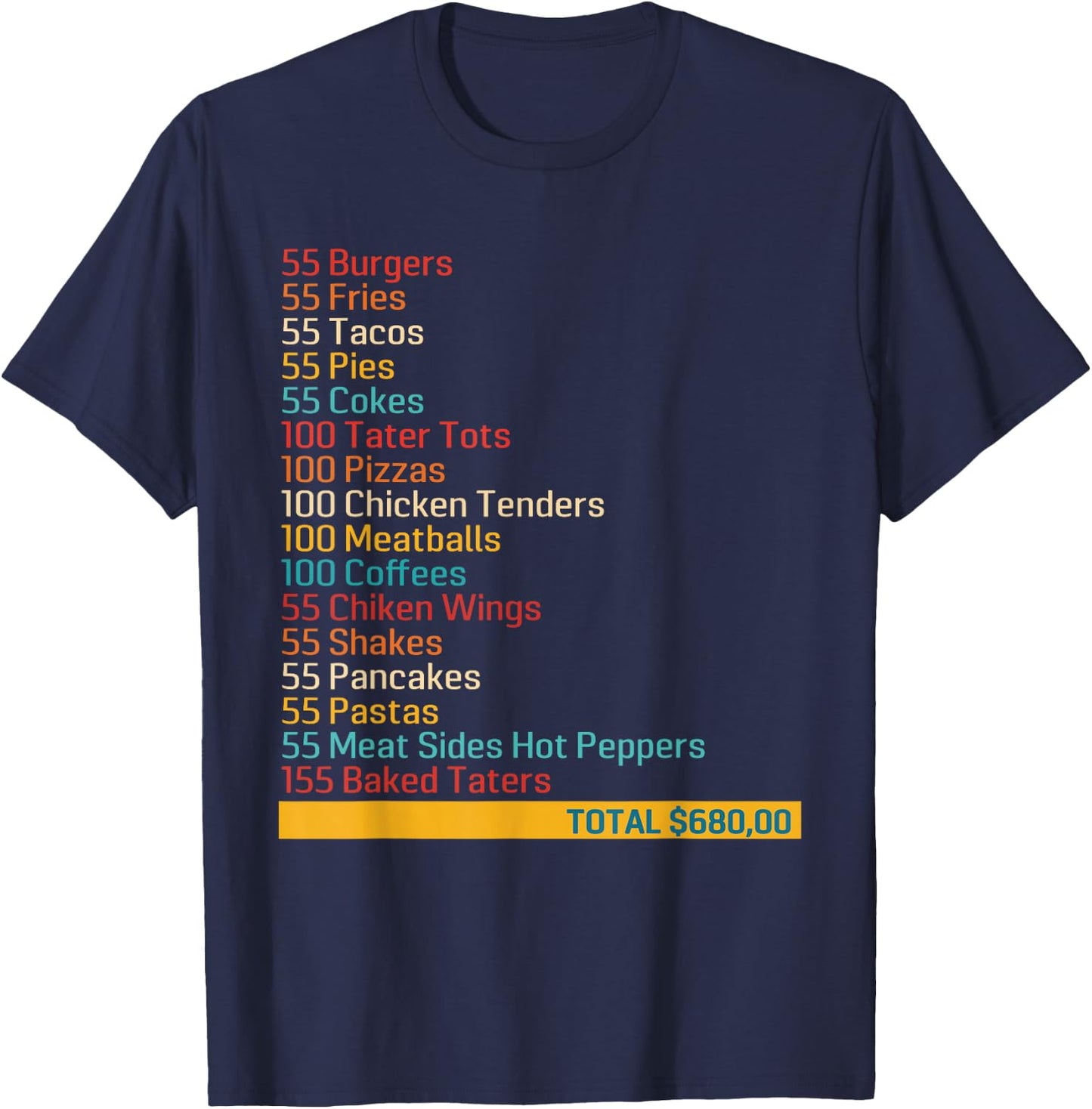 55 Burgers 55 Fries 55 Tacos 55 Pies 55 Cokes Funny Apparel T-Shirt - T-Shirt | Navy