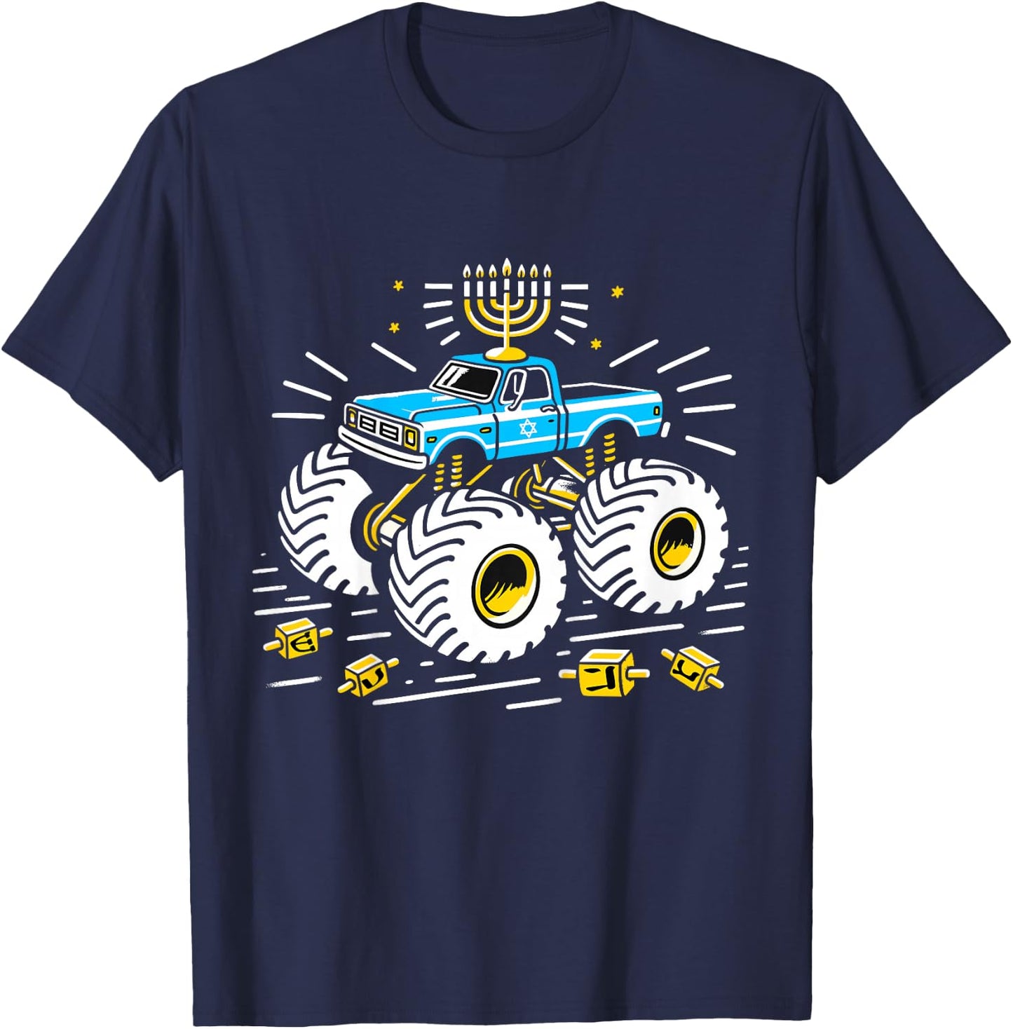 Kids Monster Truck Menorah Dreidel Toddler Boys Hanukkah PJs T-Shirt - T-Shirt | Navy