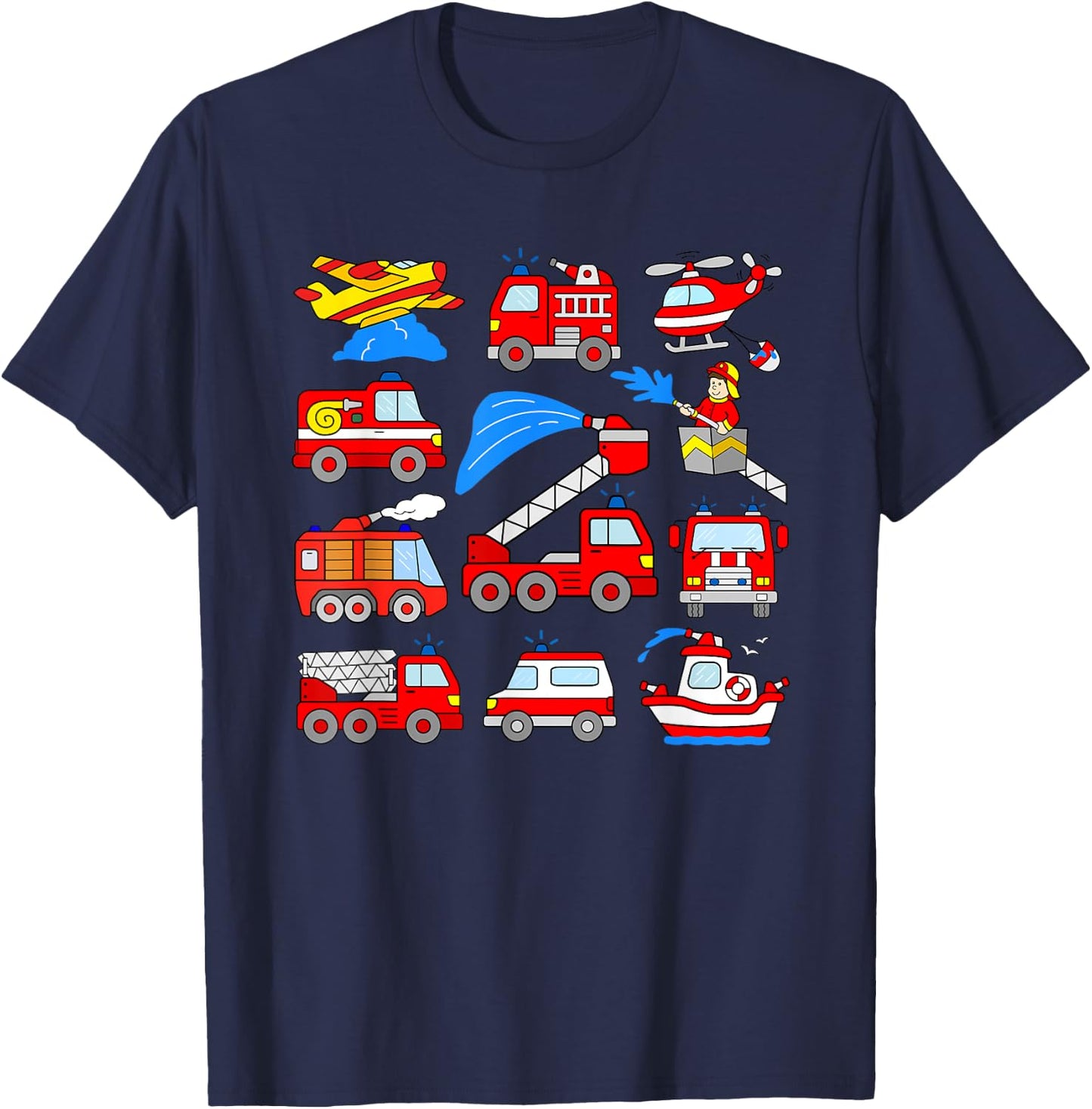 Firetrucks Toddler Rescue Vehicles Fireman Trucks Boat Plane T-Shirt - T-Shirt | Navy