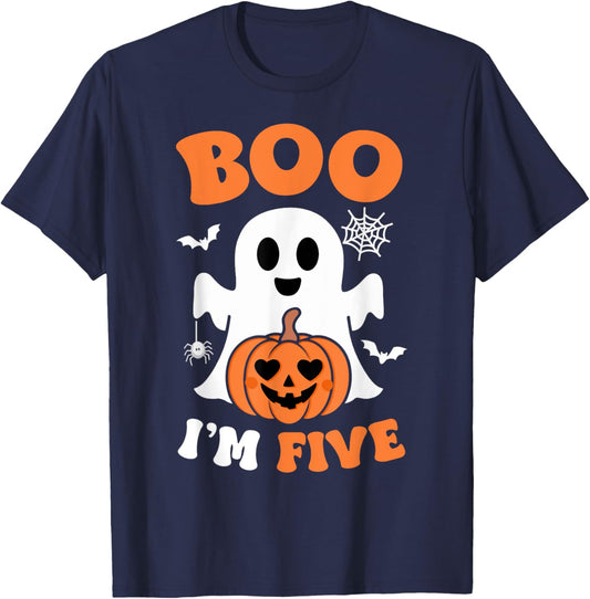Ghost Boo I'm Five Year 5th Birthday Boys Halloween Groovy T-Shirt - T-Shirt | Navy
