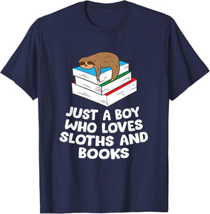 Just a Boy Who Loves Sloths And Books Gift Sloth Lover T-Shirt - T-Shirt | Navy