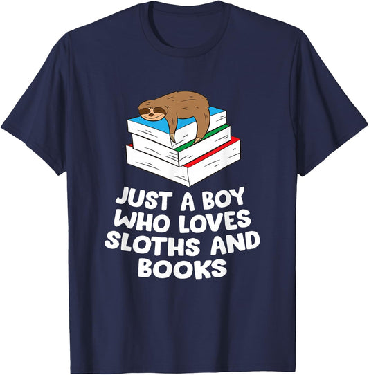 Just a Boy Who Loves Sloths And Books Gift Sloth Lover T-Shirt - T-Shirt | Navy