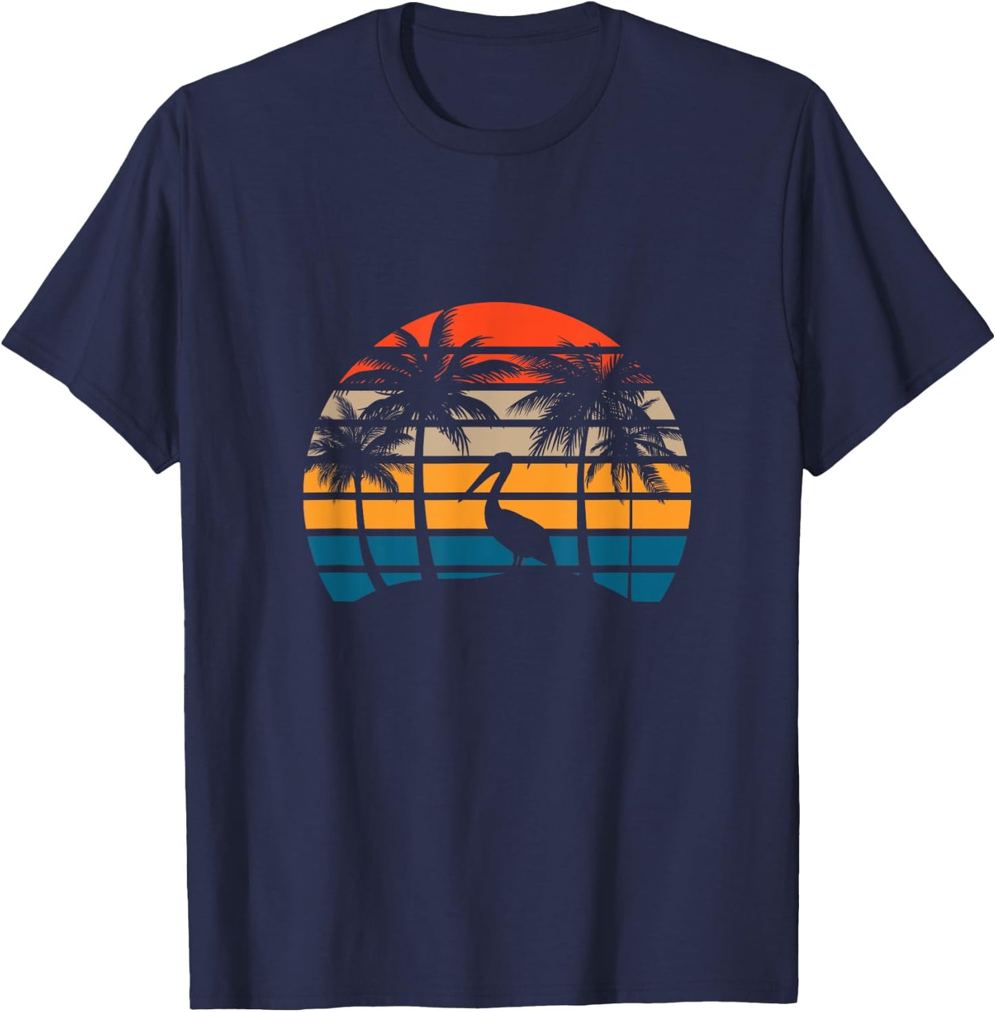 Retro Sunset Pelican Vintage Beach Bird with Palm Trees Men Women T-Shirt - T-Shirt | Navy