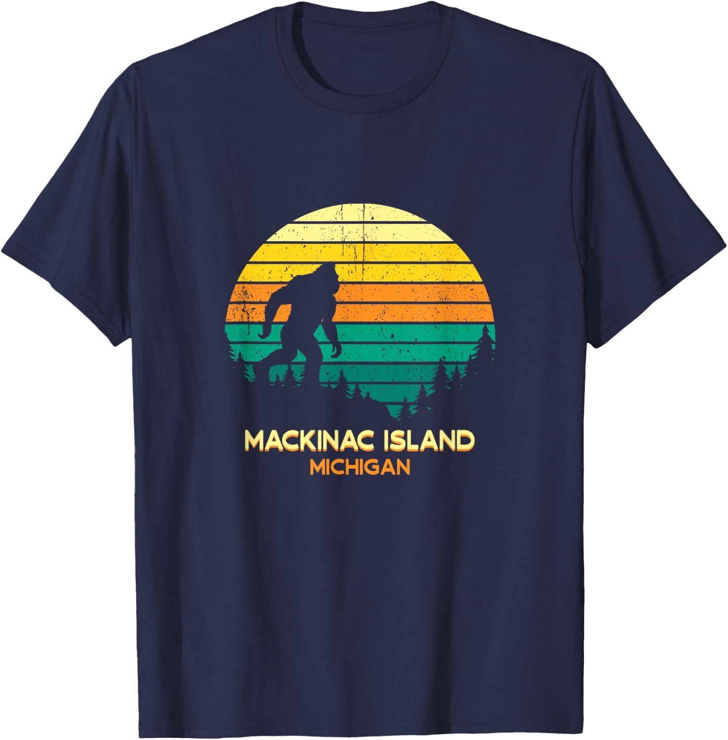 Retro Bayou Mackinac Island, Michigan Bigfoot Souvenir T-Shirt - T-Shirt | Navy