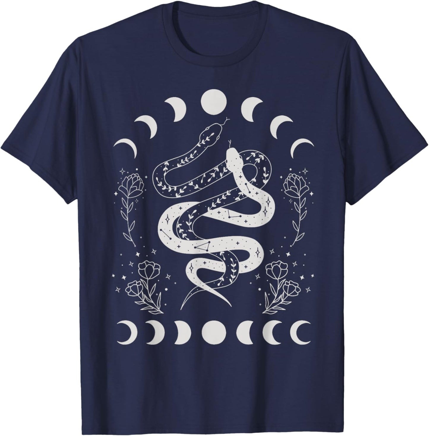 Snake And Moon Phases Celestial Floral Witchy Halloween T-Shirt - T-Shirt | Navy