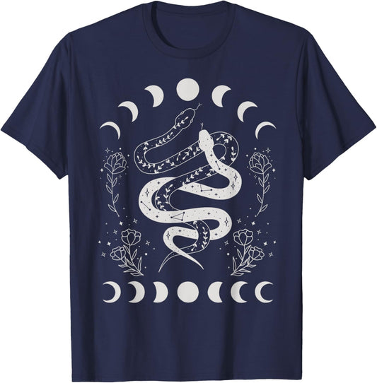 Snake And Moon Phases Celestial Floral Witchy Halloween T-Shirt - T-Shirt | Navy