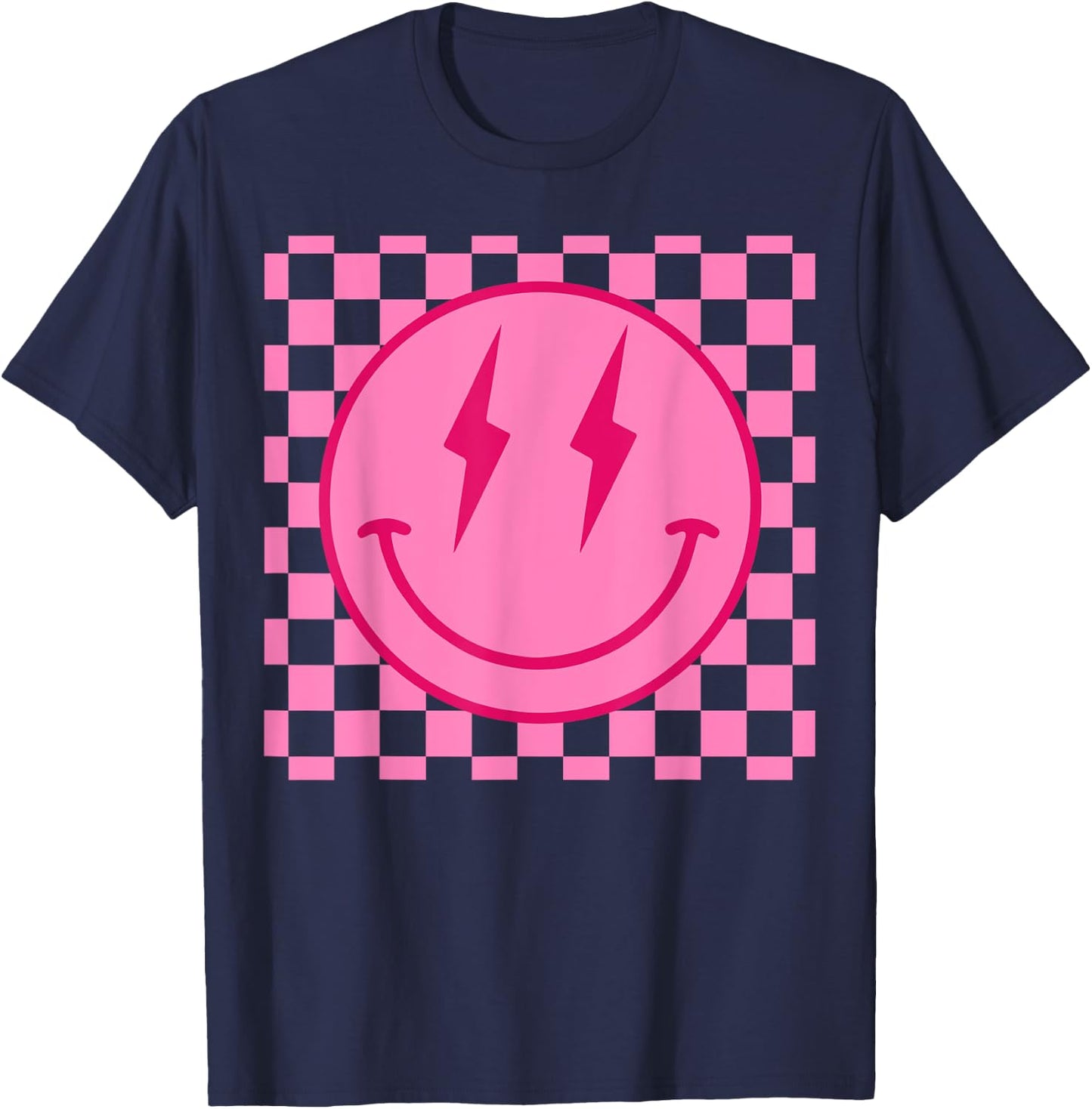 Retro Happy Face Shirt Checkered Pattern Smile Face Trendy T-Shirt - T-Shirt | Navy