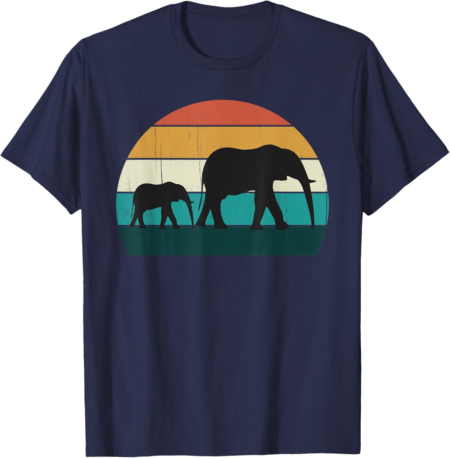 Retro Elephant & Baby - Vintage Sunset African Land Mammals T-Shirt - T-Shirt | Navy