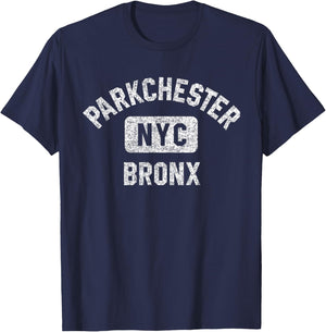 Parkchester Bronx NYC Gym Style Distressed White Print T-Shirt - T-Shirt | Navy