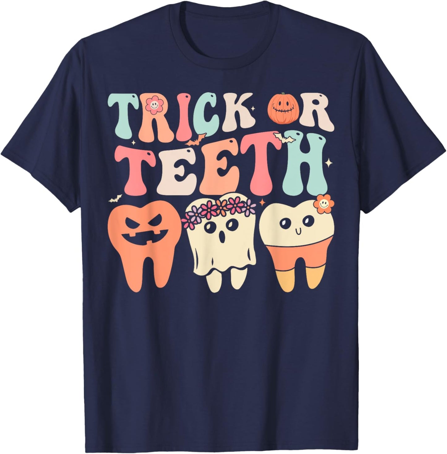 Retro Groovy Trick Or Teeth Dental Halloween Dentist T-Shirt - T-Shirt | Navy