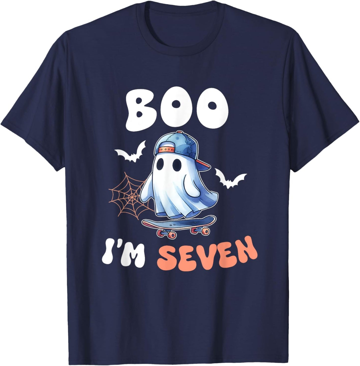 Boo I'm Seven Ghost Skateboard 7th Birthday Halloween Boys T-Shirt - T-Shirt | Navy