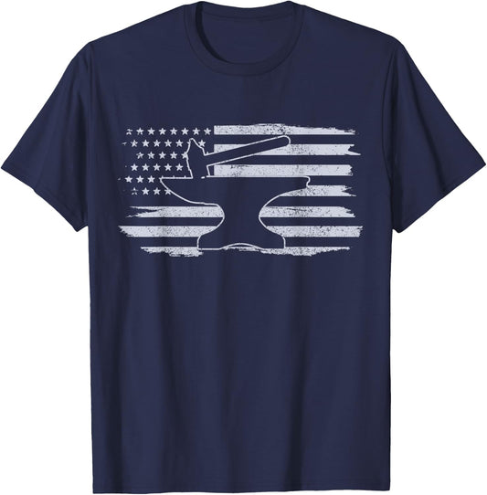 Blacksmith - Hammer Anvil USA Flag Knife Maker Steel Gift T-Shirt - T-Shirt | Navy
