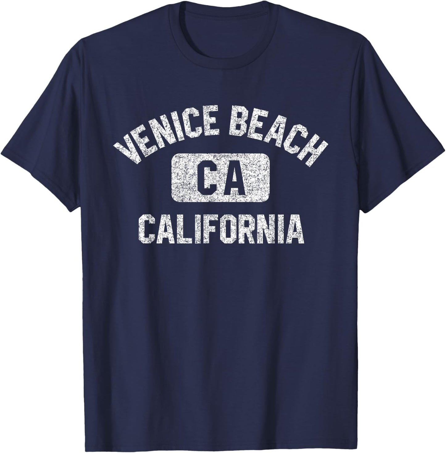 Venice Beach California Gym Style Distressed White Print T-Shirt - T-Shirt | Navy