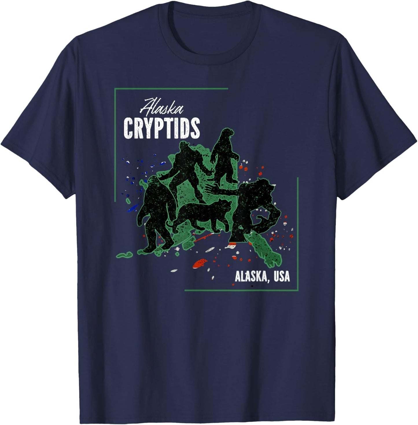 Cryptid Map of Alaska - The Otterman, Bigfoot, Giant, Tiger T-Shirt - T-Shirt | Navy