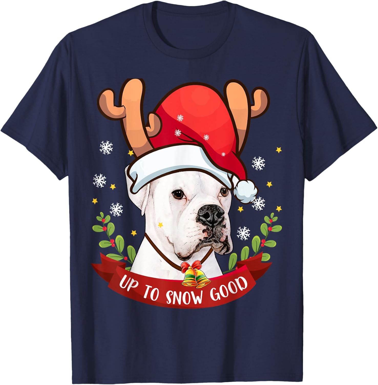 White Boxer Dog Reindeer Christmas Gift Boys Girls Kids T-Shirt - T-Shirt | Navy