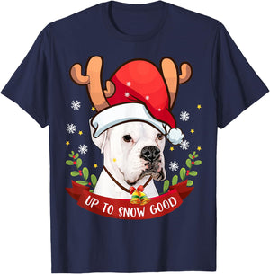 White Boxer Dog Reindeer Christmas Gift Boys Girls Kids T-Shirt - T-Shirt | Navy