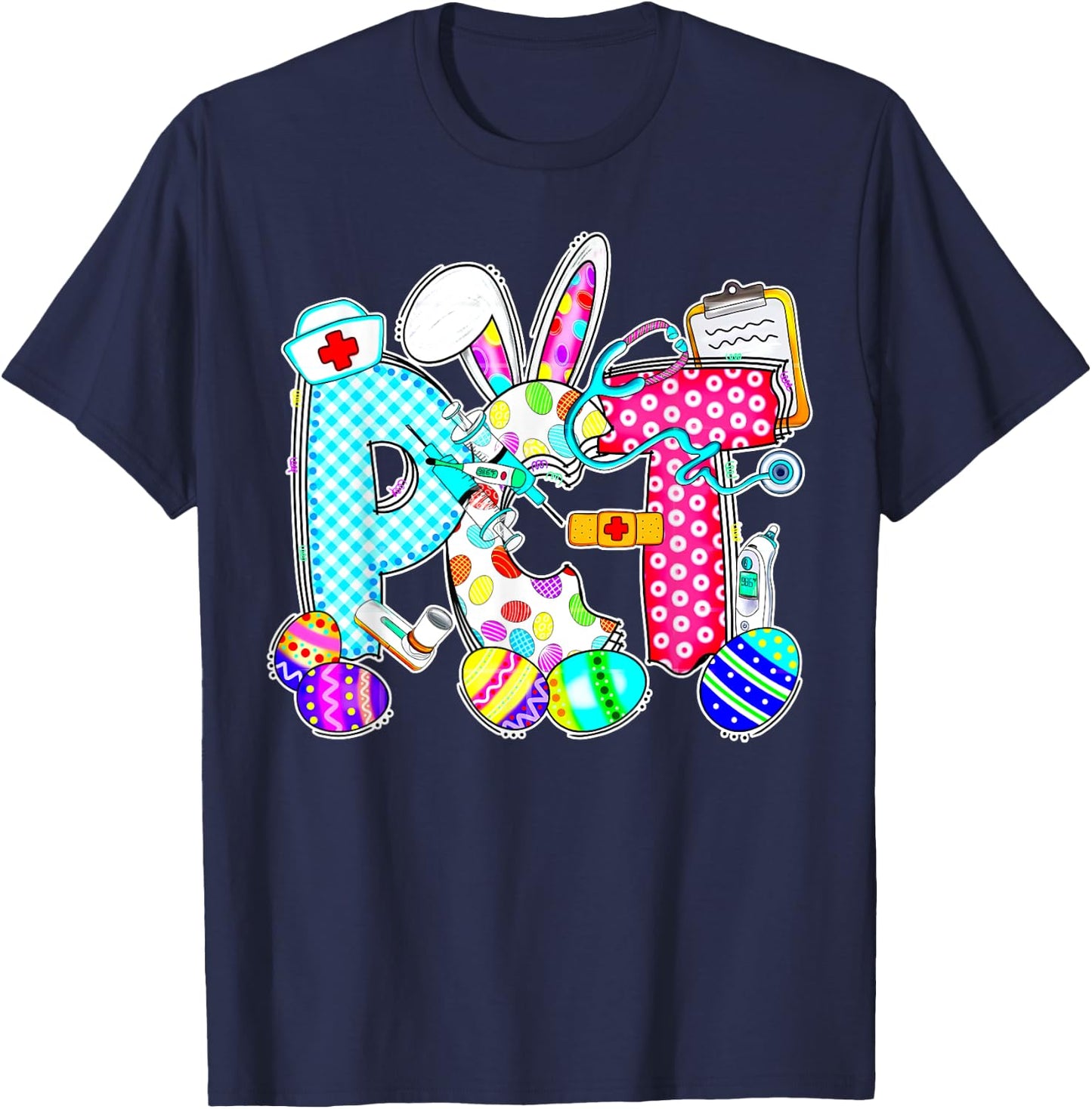 Retro PCT Patient Care Technician Bunny Egg Easter Day Nurse T-Shirt - T-Shirt | Navy