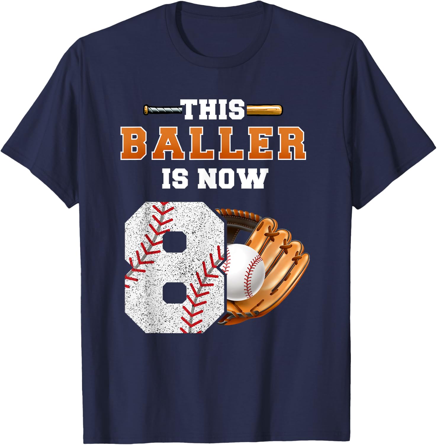 This Baller is Now 8 Kids Baseball Player 8th Birthday Boy T-Shirt - T-Shirt | Navy