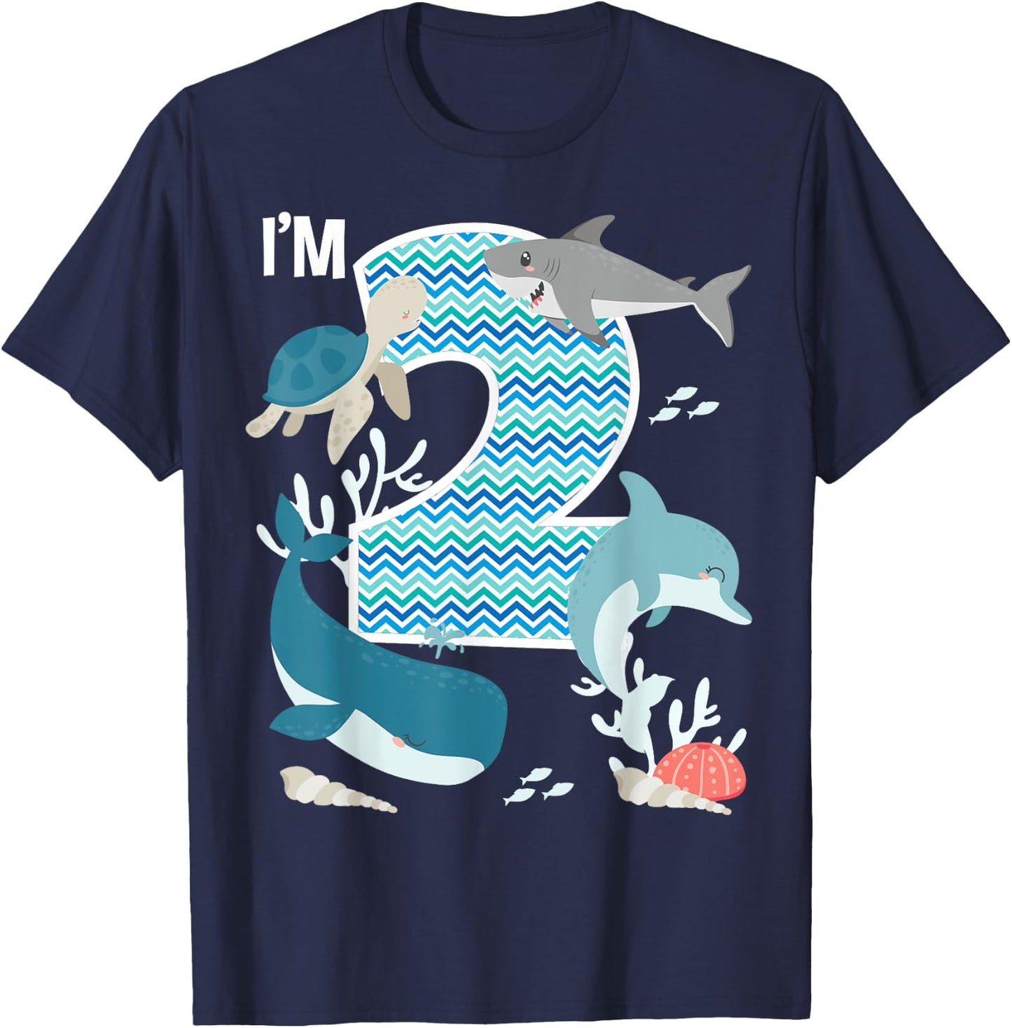Kids 2 Year Old Ocean Life Whale Dolphin Shark 2nd Birthday T-Shirt - T-Shirt | Navy