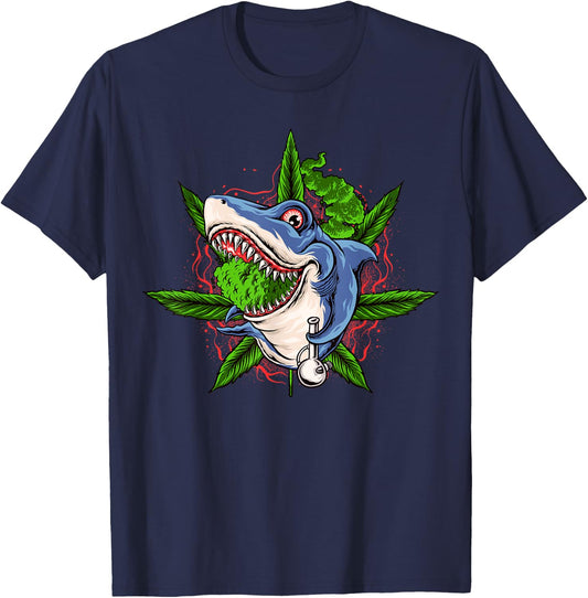 Funny Shark Weed Smoker Shark Smoking Bong Marijuana T-Shirt - T-Shirt | Navy
