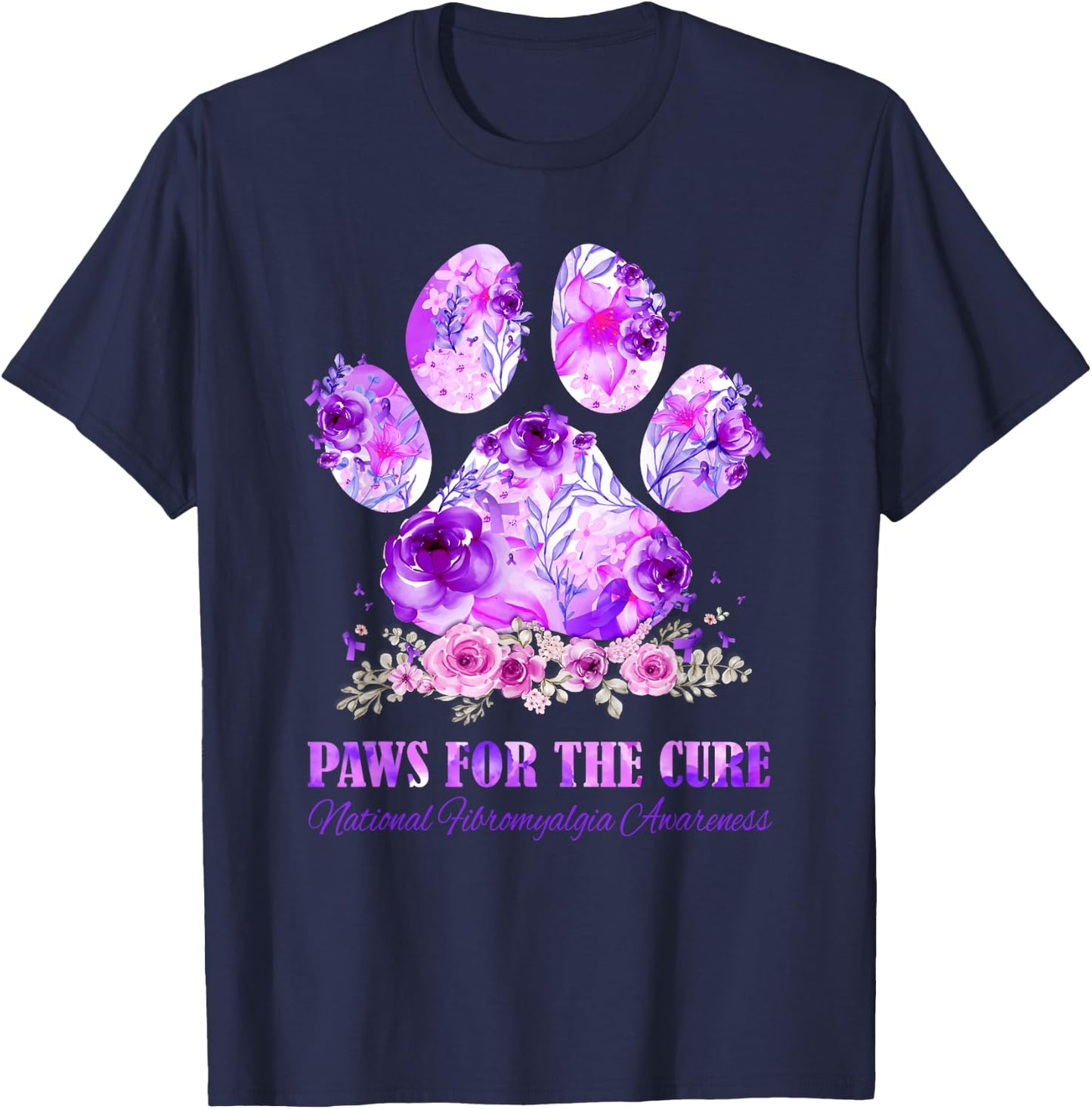 Dog Print Paws For The Cure Fibromyalgia Awareness Month T-Shirt - T-Shirt | Navy