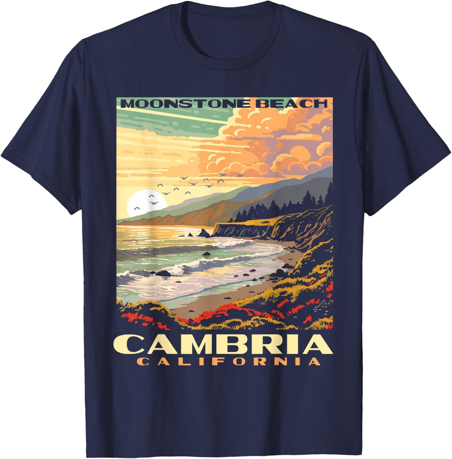 Cambria California Central Coast Moonstone Beach Vintage WPA Women Kids T-Shirt - T-Shirt | Navy
