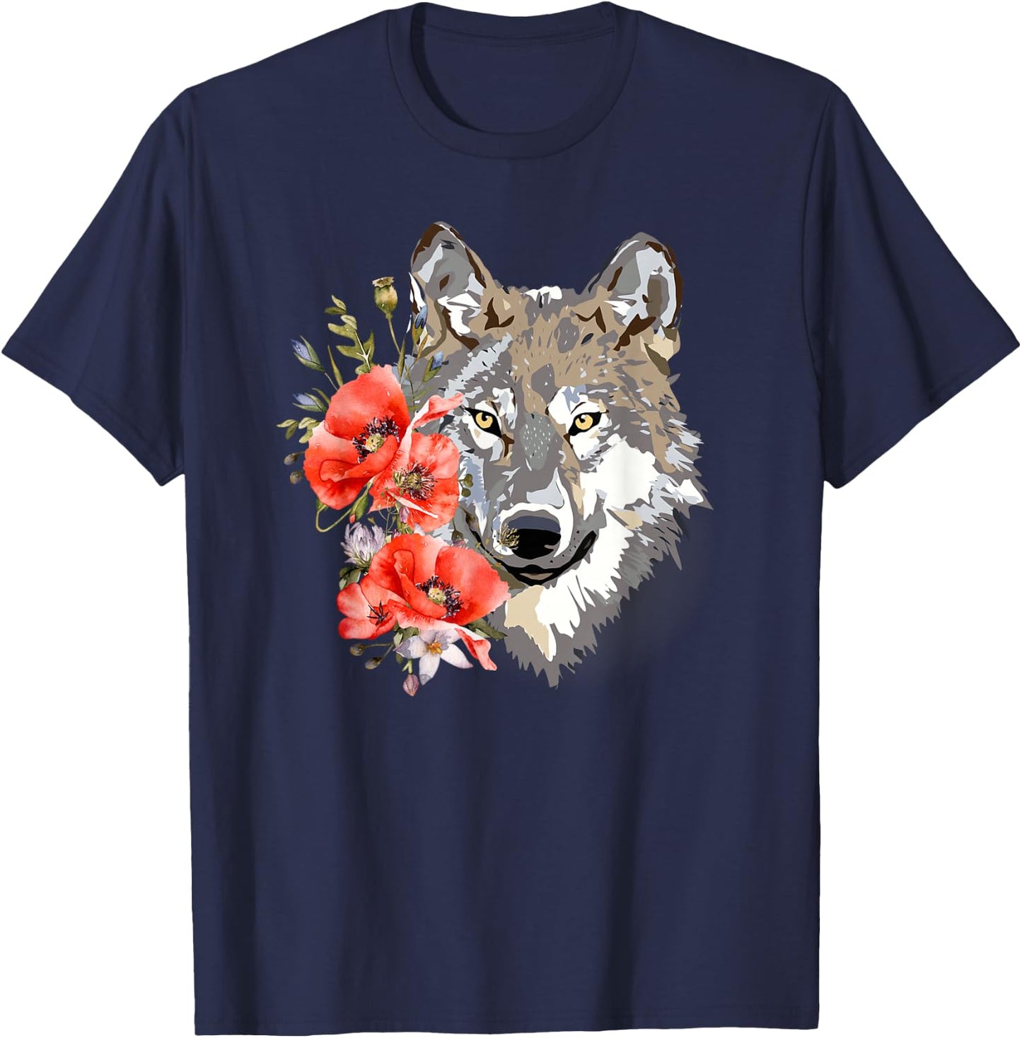 Wolf Cute Floral Graphic Wolves Women Girls T-Shirt - T-Shirt | Navy