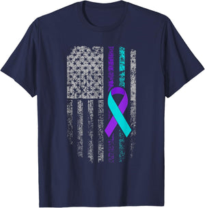 Suicide Prevention Awareness American Flag Ribbon Support T-Shirt - T-Shirt | Navy