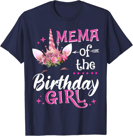 Mema Of The Birthday Girl Unicorn Flower Grandma T-Shirt - T-Shirt | Navy