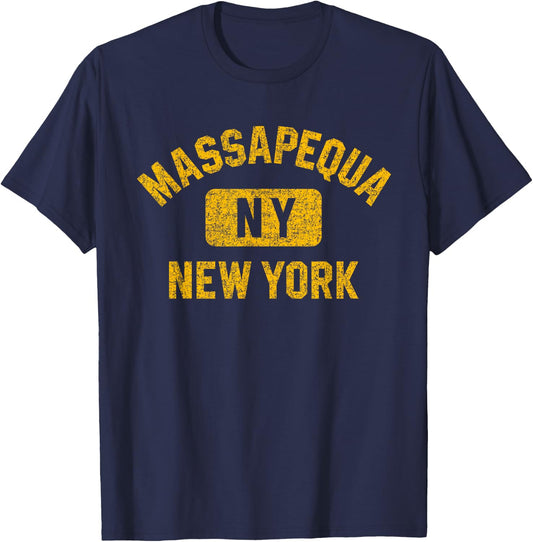 Massapequa NY New York Gym Style Distressed Amber Print T-Shirt - T-Shirt | Navy