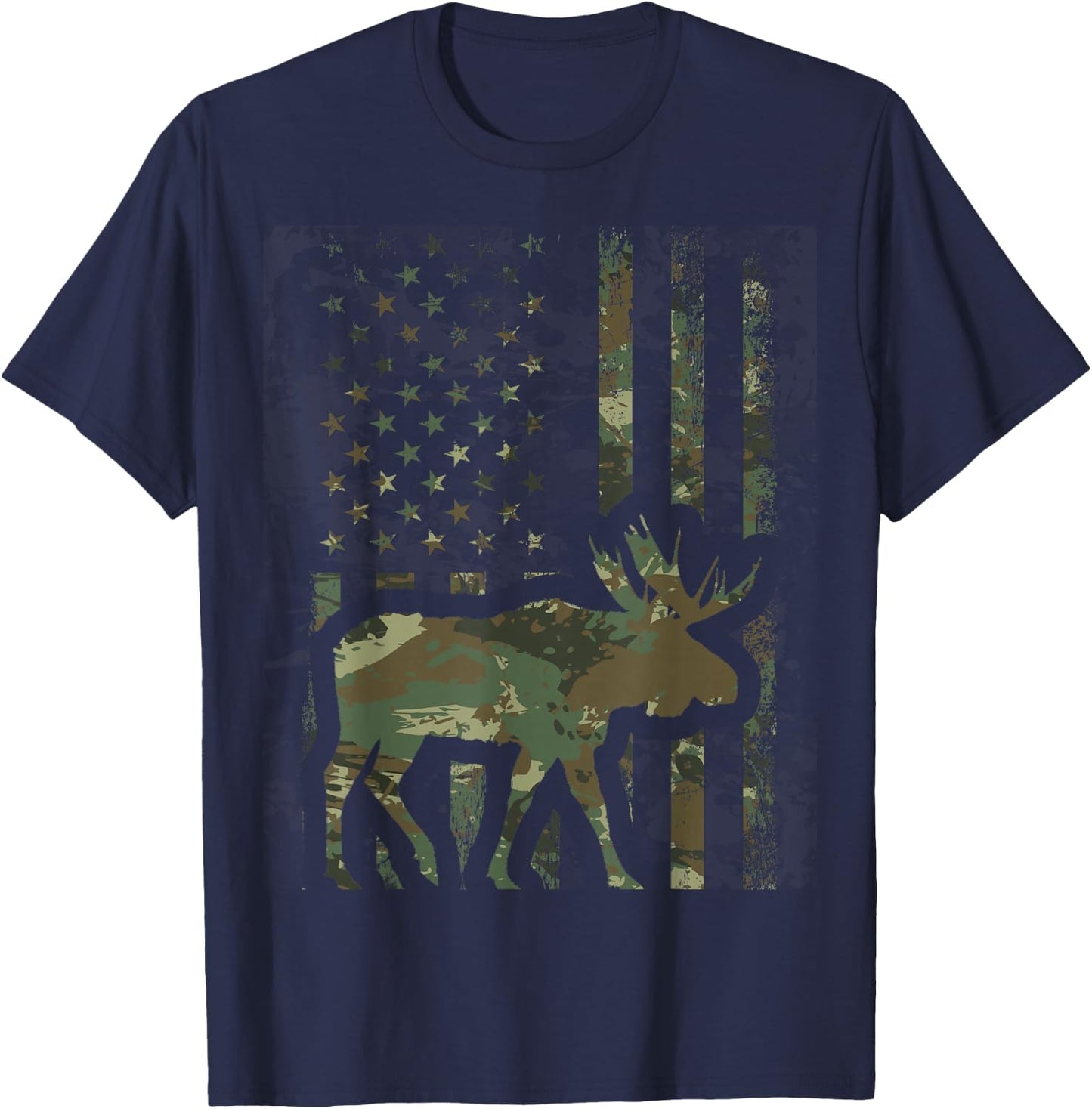 Camo American Flag Moose Hunting Gift Hunter Moose Lover T-Shirt - T-Shirt | Navy