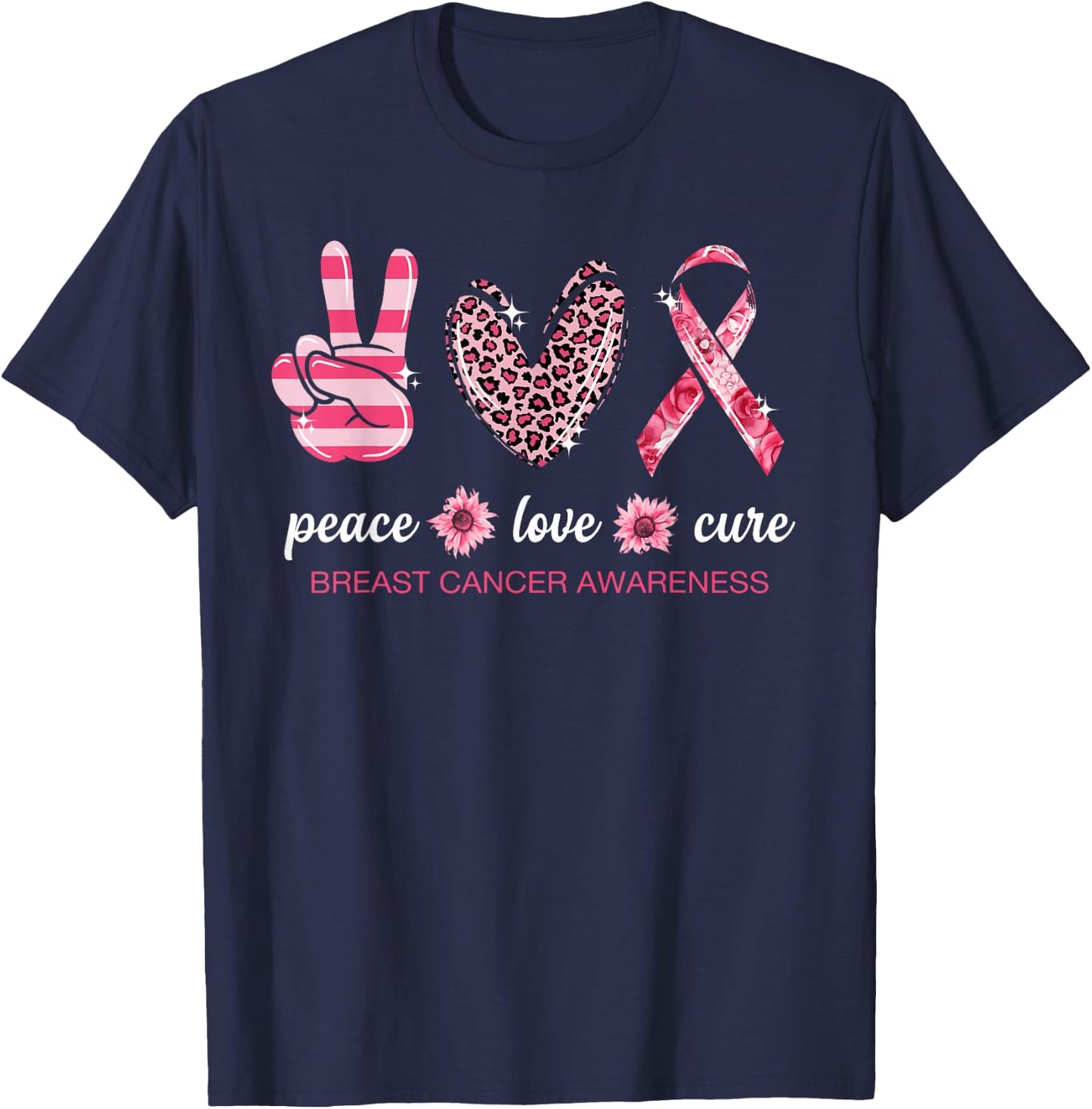 Peace Love Cure Pink Ribbon Breast Cancer Awareness T-Shirt - T-Shirt | Navy