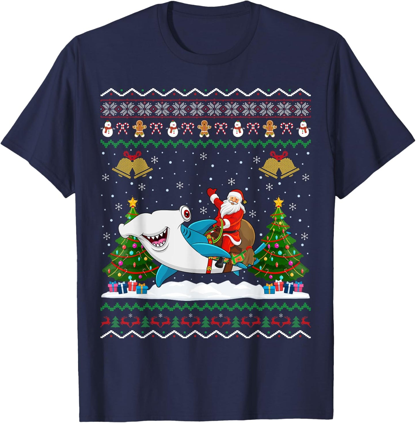 Ugly Hammerhead Shark Xmas Gift Santa Riding Shark Christmas T-Shirt - T-Shirt | Navy