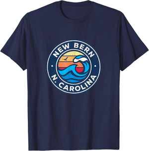 New Bern North Carolina NC Vintage Nautical Waves Design T-Shirt - T-Shirt | Navy