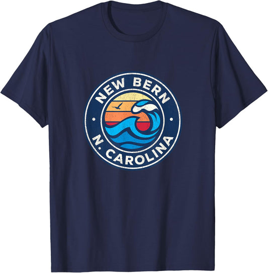 New Bern North Carolina NC Vintage Nautical Waves Design T-Shirt - T-Shirt | Navy