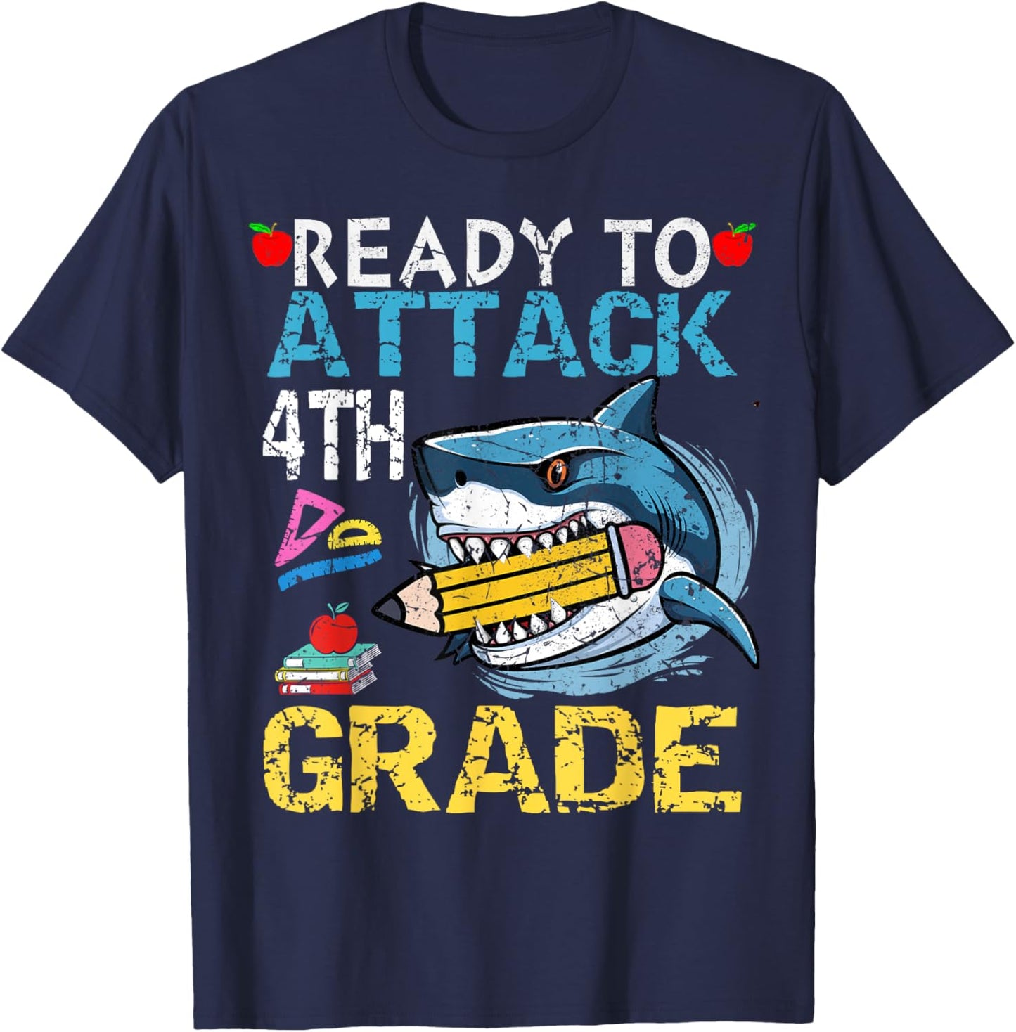Ready To Attack 4th Grade Funny Shark 4th First Day School T-Shirt - T-Shirt | Navy