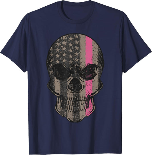Thin Pink Line Breast Cancer Awareness American Flag Skull Women Men T-Shirt - T-Shirt | Navy