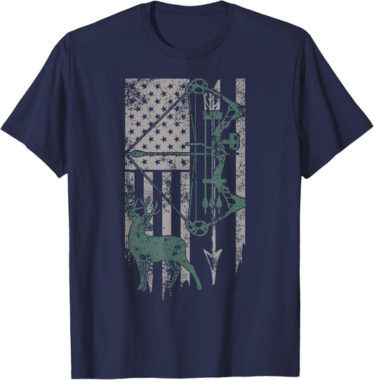 Deer Hunter Bow Vintage Distressed American Flag Patriotic Women Kids Men T-Shirt - T-Shirt | Navy