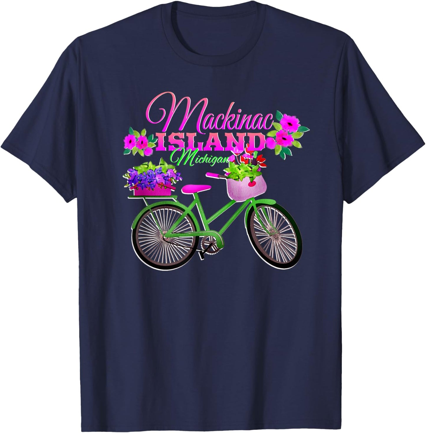 Mackinac Island Michigan Gift Vacation Vintage Bike Flowers T-Shirt - T-Shirt | Navy