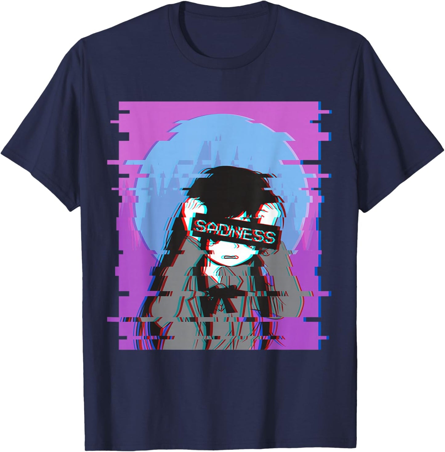 Sad Anime Girl - Japanese Aesthetic Vaporwave Anime Otaku T-Shirt - T-Shirt | Navy