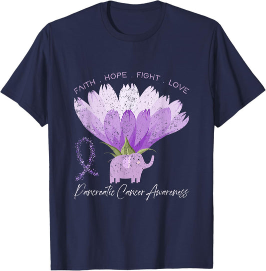 Love Flower Purple Ribbon Pancreatic Cancer Awareness T-Shirt - T-Shirt | Navy