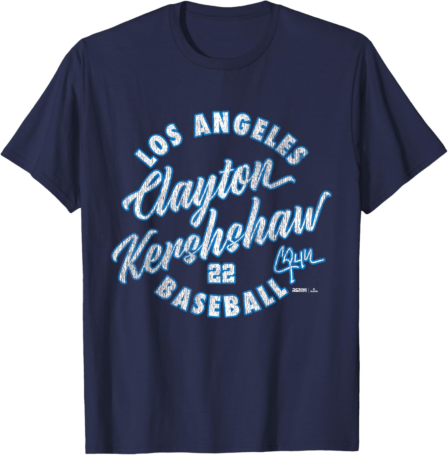 Clayton Kershaw Los Angeles Baseball Vintage Cursive MLBPA T-Shirt - T-Shirt | Navy