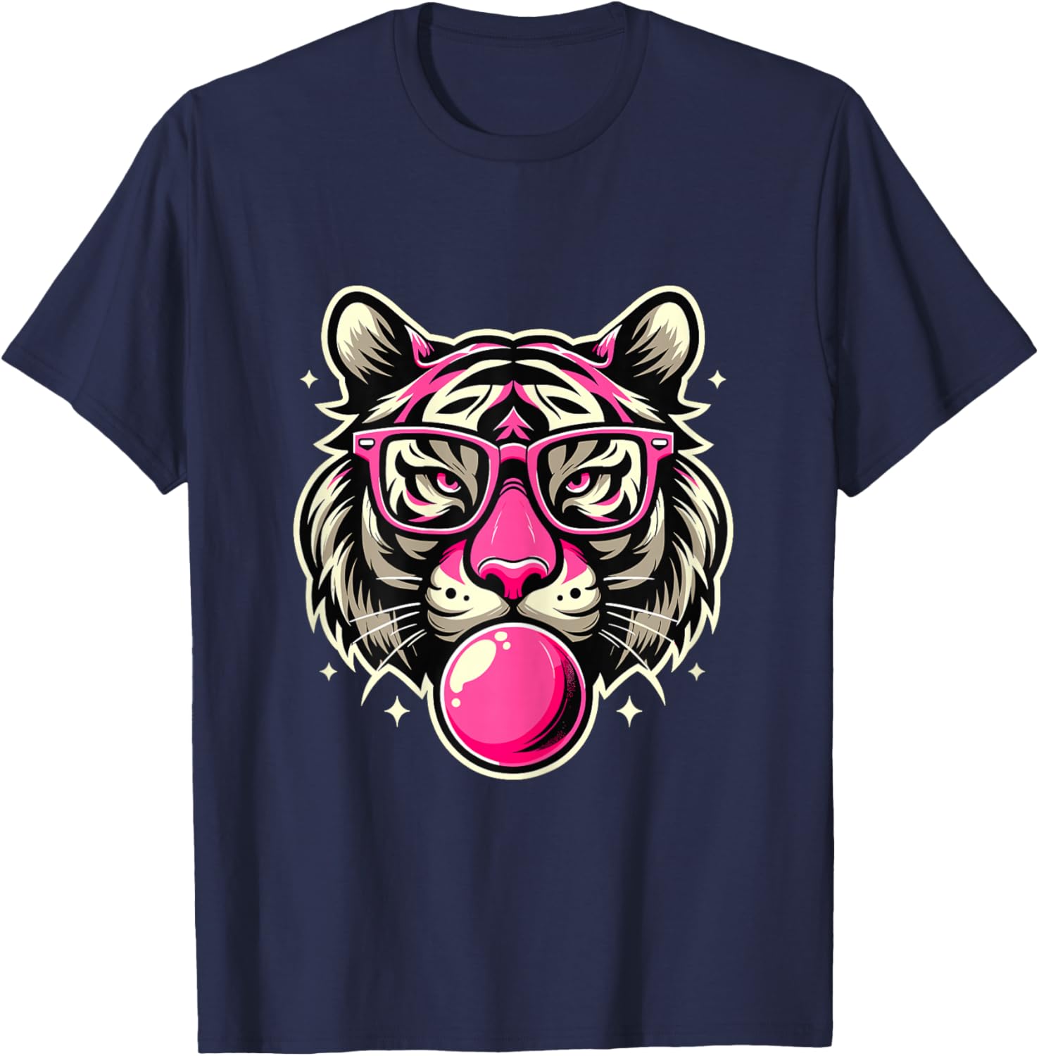 Pink Tiger with Glasses and Bubblegum T-Shirt - T-Shirt | Navy